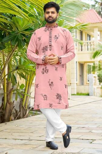 Pastel pink roman silk kurta with black embroidery work