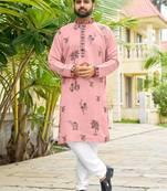 Pastel pink roman silk kurta with black embroidery work