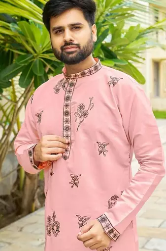 Pastel pink roman silk kurta with black embroidery work