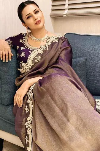 mauve shiny fendy satin silk blend saree