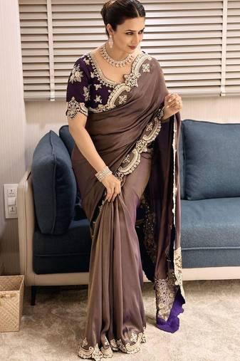 mauve shiny fendy satin silk blend saree