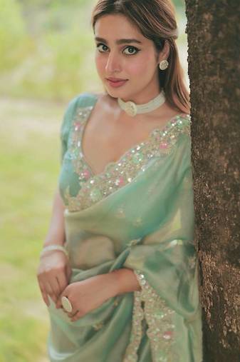 Green Multicolor sequin And Cording Embroidery Silk blend Saree