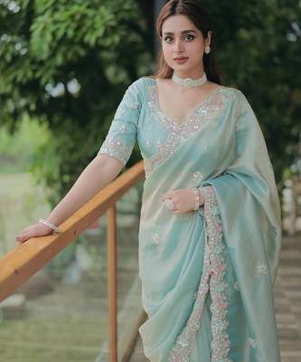 Green Multicolor sequin And Cording Embroidery Silk blend Saree 1
