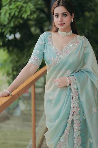 Green Multicolor sequin And Cording Embroidery Silk blend Saree