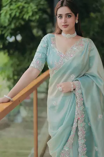 Green Multicolor sequin And Cording Embroidery Silk blend Saree