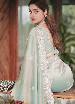 Green Multicolor sequin And Cording Embroidery Silk blend Saree 3