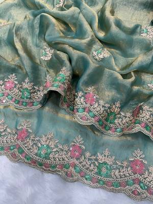 Green Multicolor sequin And Cording Embroidery Silk blend Saree 4