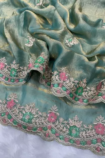 Green Multicolor sequin And Cording Embroidery Silk blend Saree