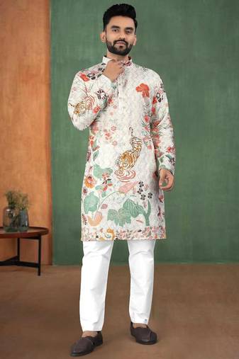 White, heavy rayon with tiger & floral digital print, trendy wildlife-themed kurta with white pajama