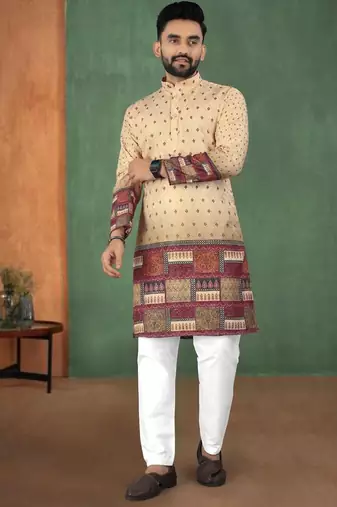 Beige, heavy rayon with maroon patchwork border digital print, royal ethnic kurta with white pajama