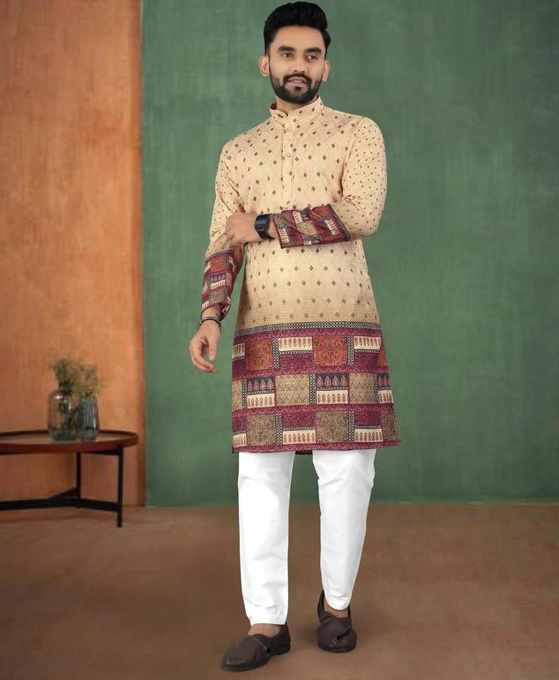 Beige, heavy rayon with maroon patchwork border digital print, royal ethnic kurta with white pajama