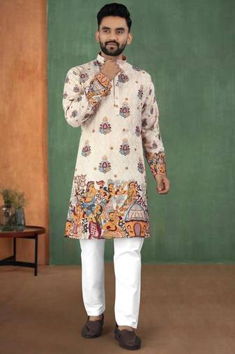 Cream, heavy rayon with mythological figure digital print, heritage-style kurta with white pajama