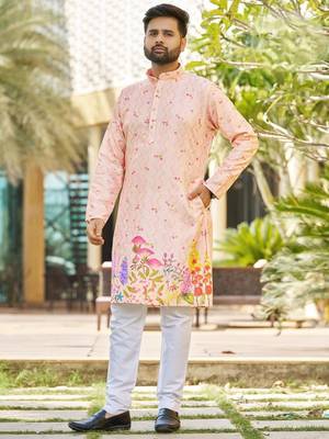 Light peach, heavy rayon with floral garden digital print, modern festive kurta with white pajama 1