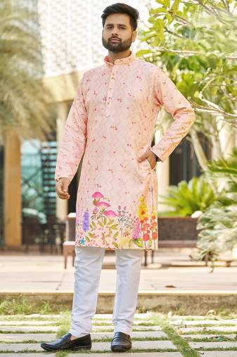 Light peach, heavy rayon with floral garden digital print, modern festive kurta with white pajama