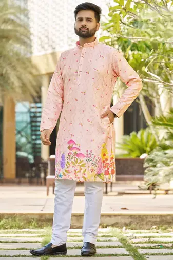 Light peach, heavy rayon with floral garden digital print, modern festive kurta with white pajama