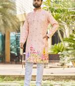 Light peach, heavy rayon with floral garden digital print, modern festive kurta with white pajama