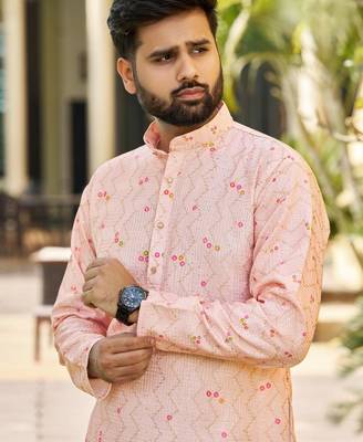 Light peach, heavy rayon with floral garden digital print, modern festive kurta with white pajama 2