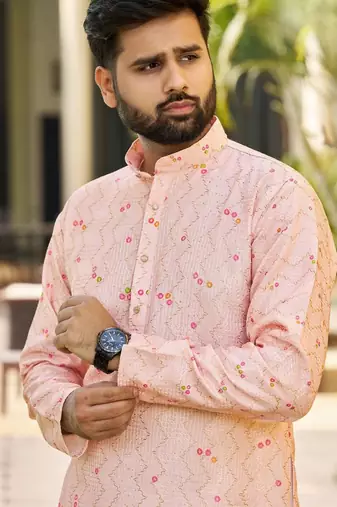 Light peach, heavy rayon with floral garden digital print, modern festive kurta with white pajama
