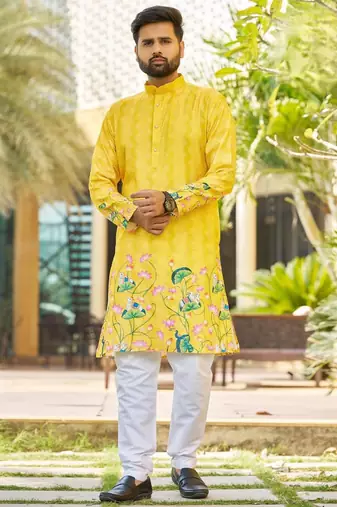 Yellow, heavy rayon with lotus & peacock digital print, traditional kurta with white pajama