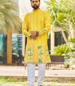 Yellow, heavy rayon with lotus & peacock digital print, traditional kurta with white pajama