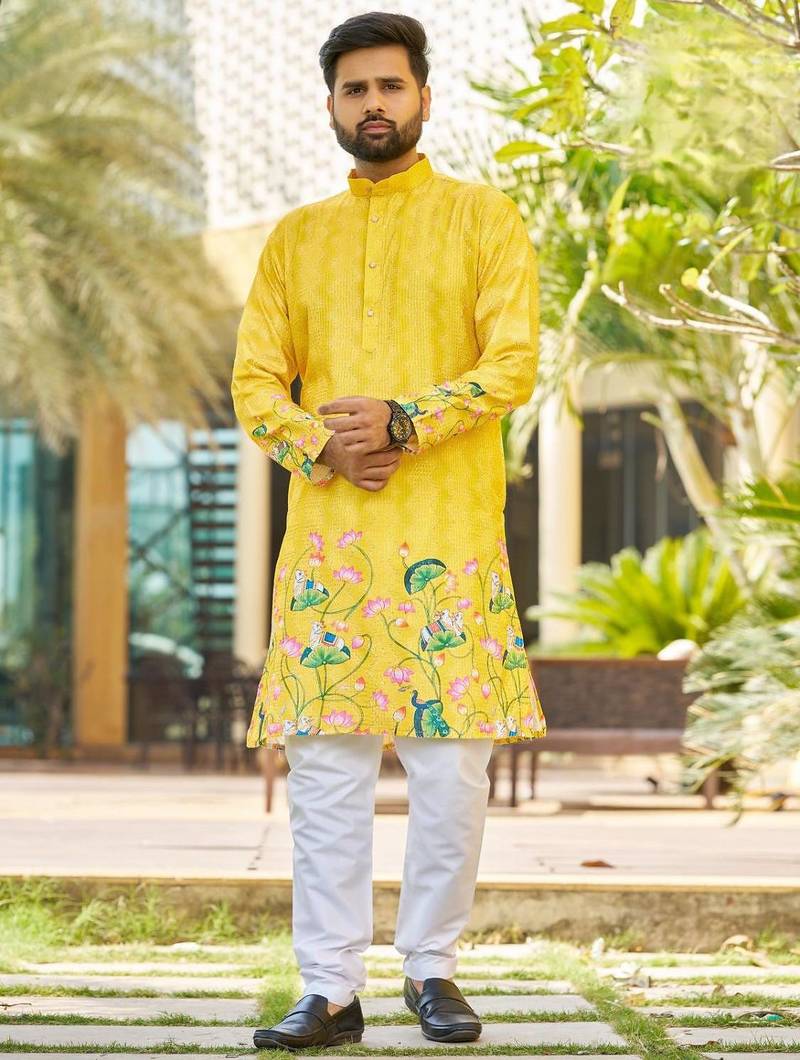 Yellow, heavy rayon with lotus & peacock digital print, traditional kurta with white pajama