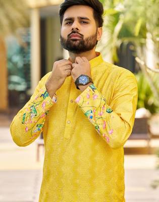Yellow, heavy rayon with lotus & peacock digital print, traditional kurta with white pajama 2