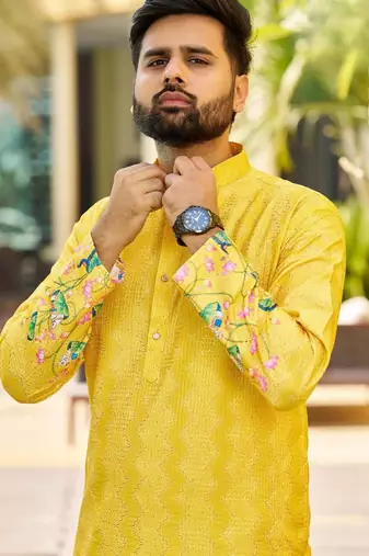 Yellow, heavy rayon with lotus & peacock digital print, traditional kurta with white pajama