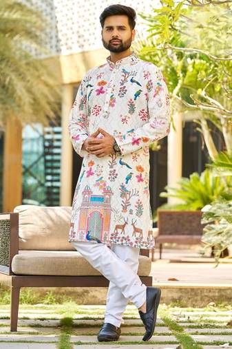 Off-white, heavy rayon with multi-color bird & deer digital print, festive kurta with white pajama