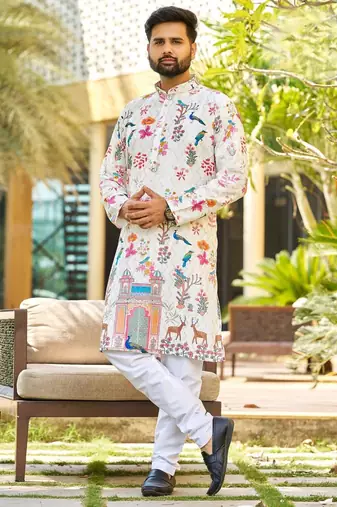 Off-white, heavy rayon with multi-color bird & deer digital print, festive kurta with white pajama