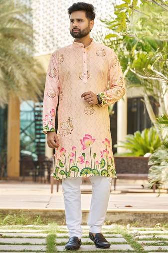 Peach, heavy rayon with embroidery & lotus digital print, straight-fit kurta with white pajama