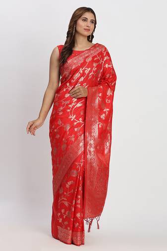 red pure banarasi silk blend saree 