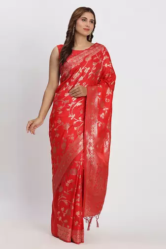 red pure banarasi silk blend saree 