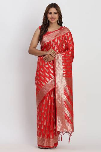 red pure banarasi silk blend saree 