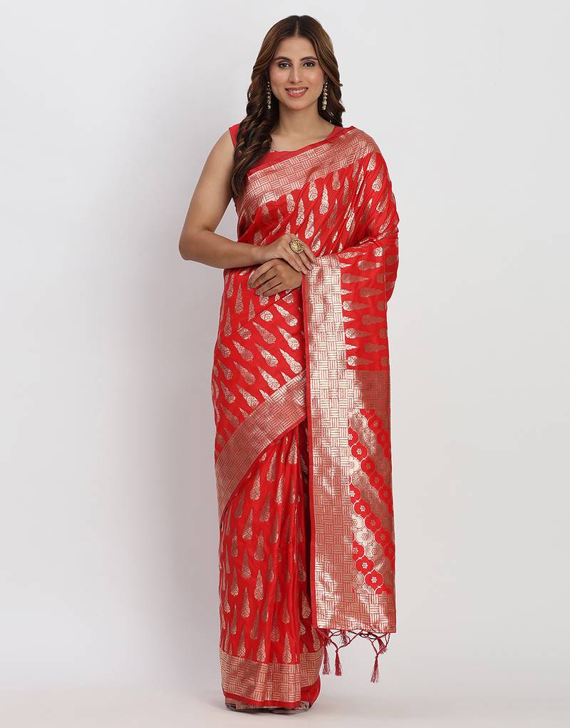 red pure banarasi silk blend saree 