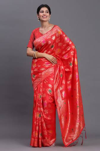 Red banarasi silk blend saree with floral zari weaving