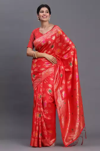 Red banarasi silk blend saree with floral zari weaving