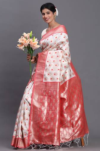 White and red banarasi silk blend saree with rich zari pallu