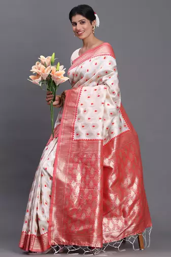 White and red banarasi silk blend saree with rich zari pallu