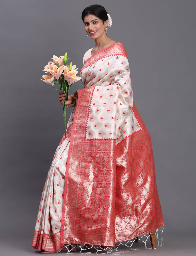 White and red banarasi silk blend saree with rich zari pallu