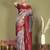 red and teal silk blend saree with rich woven pallu