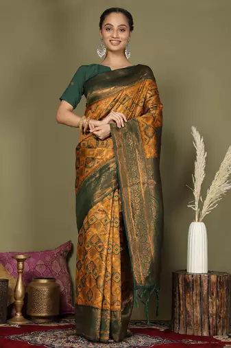 red and yellow silk blend saree with rich woven pallu