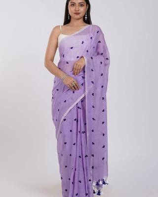 Elegant lavender cotton saree with navy blue heart motifs 1