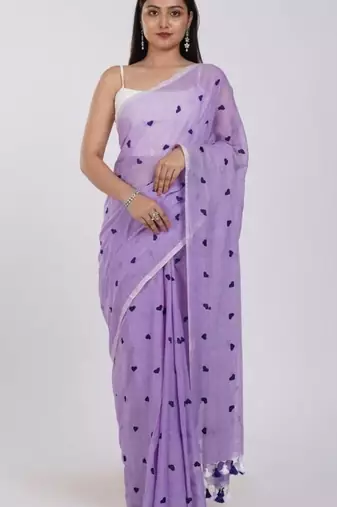 Elegant lavender cotton saree with navy blue heart motifs