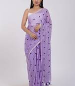 Elegant lavender cotton saree with navy blue heart motifs
