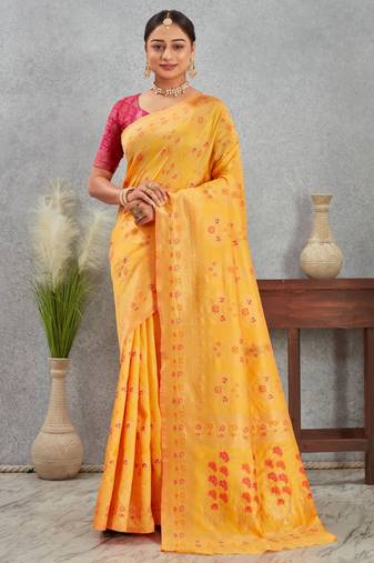 Elegant yellow traditional saree with pink blouse