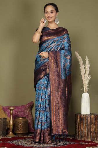 red and sky blue silk blend saree with rich woven pallu