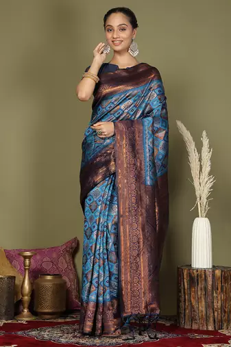 red and sky blue silk blend saree with rich woven pallu