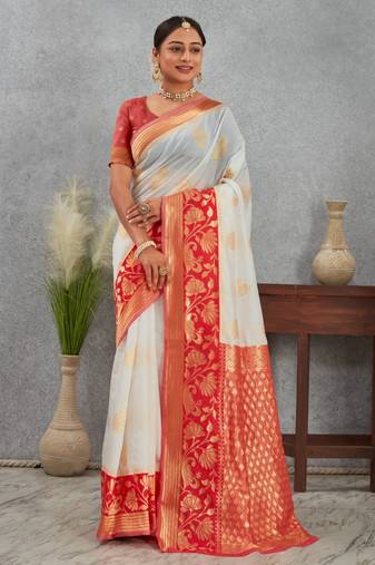 Traditional white and red art silk saree with gold accents