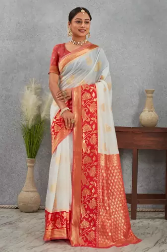 Traditional white and red art silk saree with gold accents
