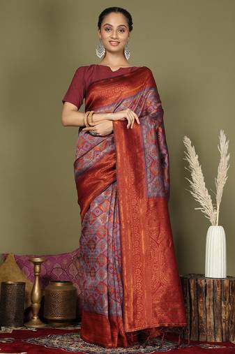 red and grey silk blend saree with rich woven pallu